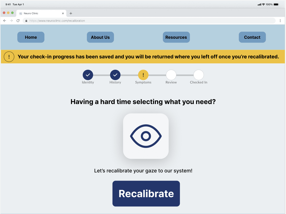 Health intake screen prompting the user to recalibrate their eye-gaze tracking, with progress auto-saved.