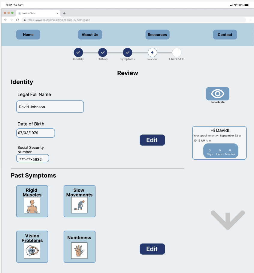Review screen with widely spaced identity fields, symptom cards, and clearly separated edit buttons.