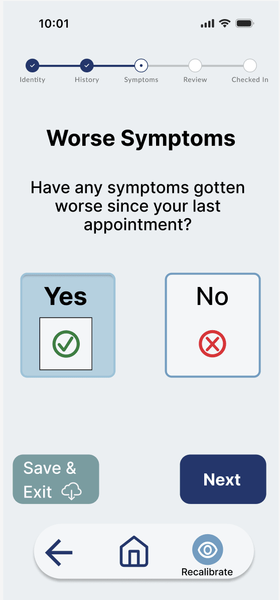 Mobile screen asking whether symptoms have gotten worse, with large Yes and No buttons showing distinct selected states.