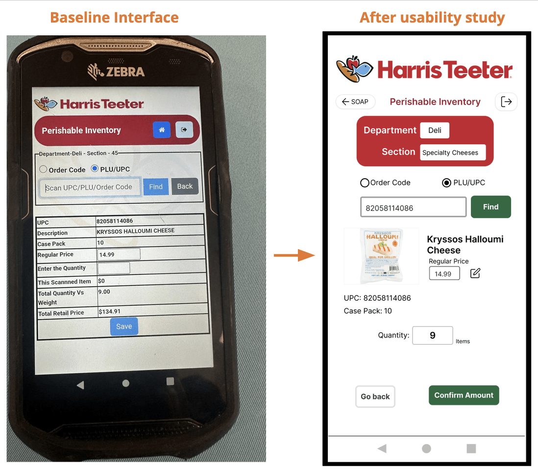 Baseline perishable inventory screen next to the redesigned screen, now with widely spaced fields and clearly separated action buttons.