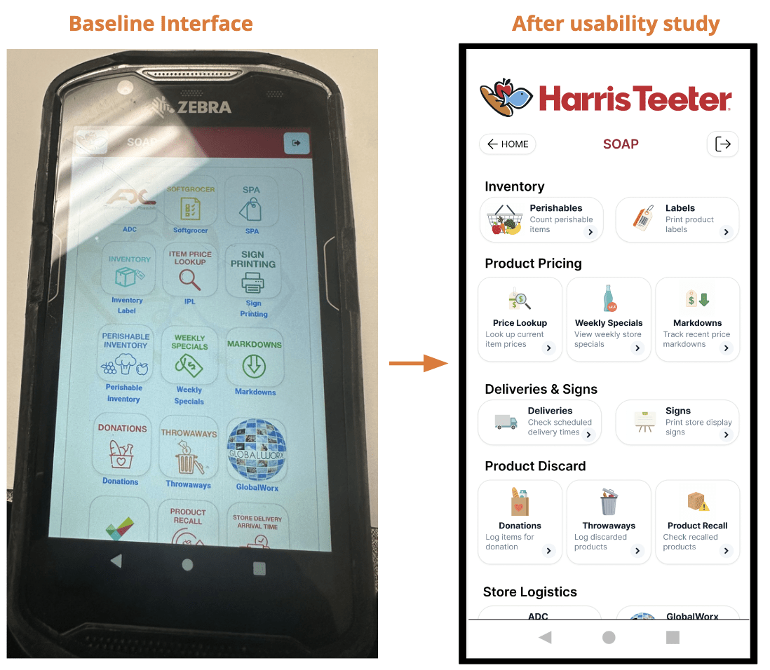 Baseline inventory app home screen next to the redesigned Harris Teeter home screen, now grouped into labeled sections with clear icons.